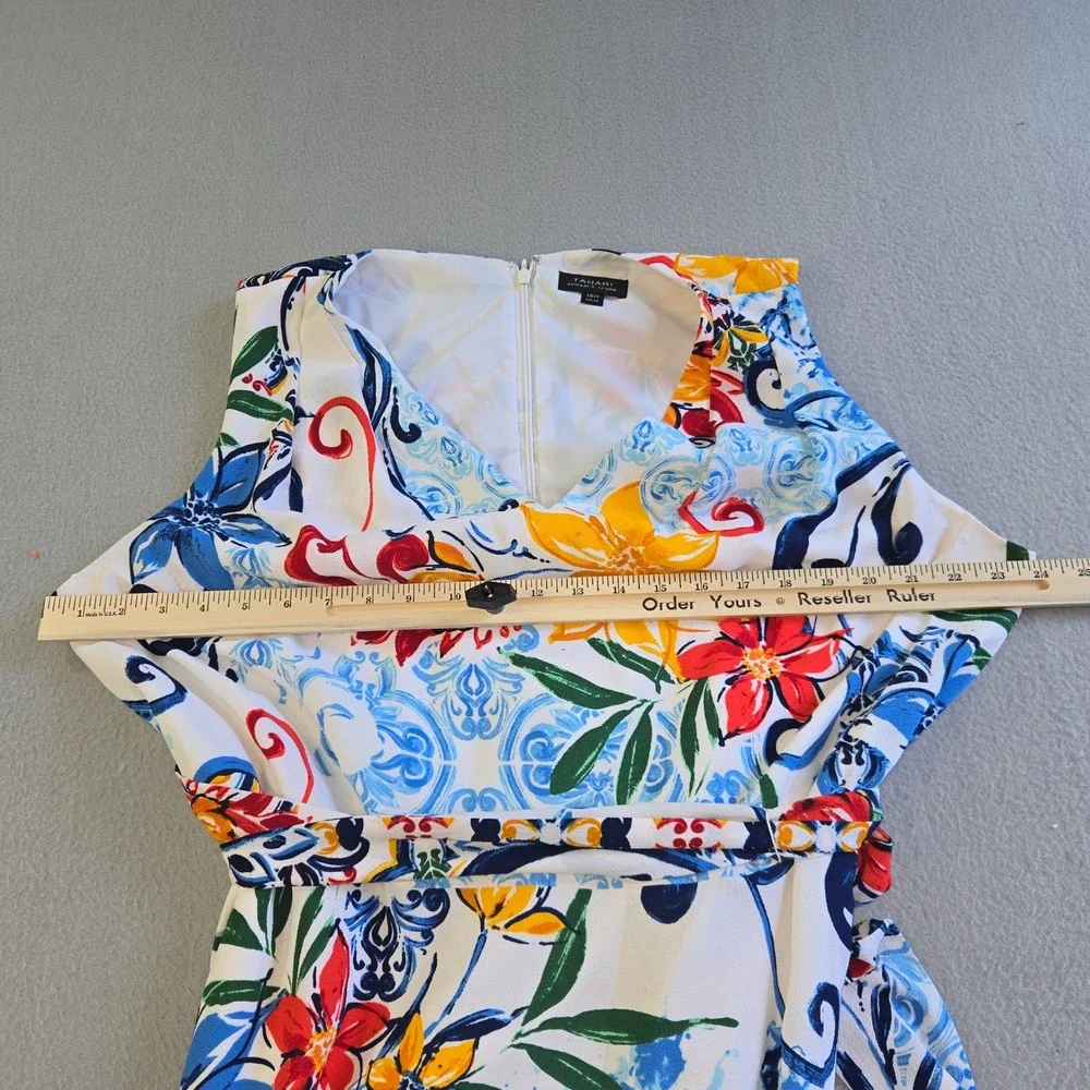 Tahari Maxi Dress Womens 18W White Floral Tile Print Sleeveless V-Neck Belted